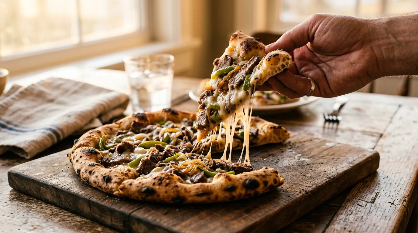 Philly Steak Pizza Loaded With Melty Cheese Hand lifting a Philly steak pizza slice with cheese pull, on wooden board.