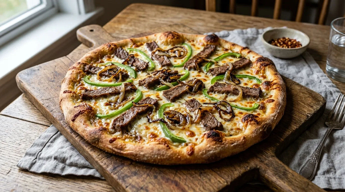Philly Steak Pizza Loaded With Melty Cheese Whole Philly steak pizza on wooden board with steak, peppers, onions, and melted cheese.