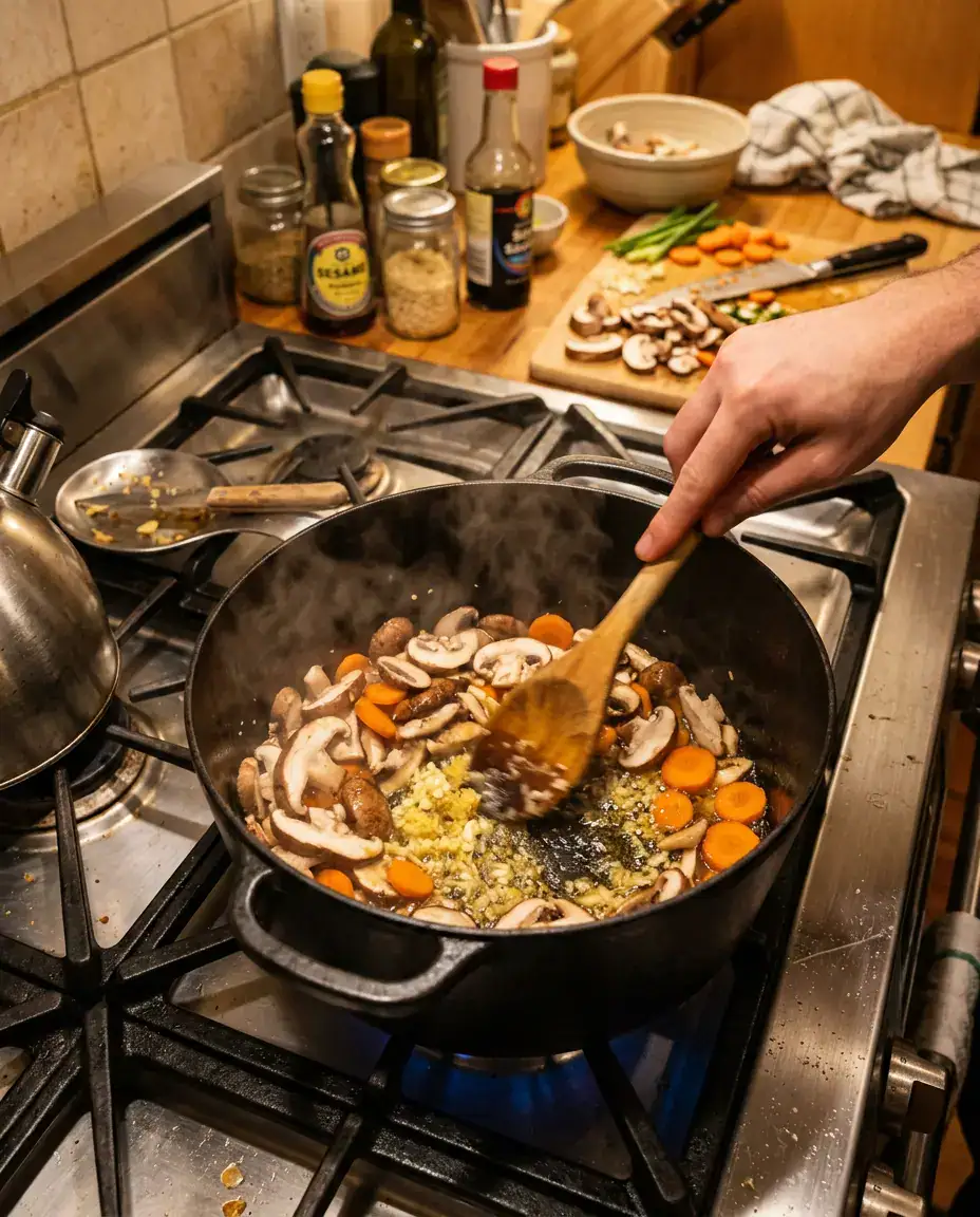 Large pot on stovetop with sesame oil, garlic, ginger, and vegetables sizzling for potsticker soup.