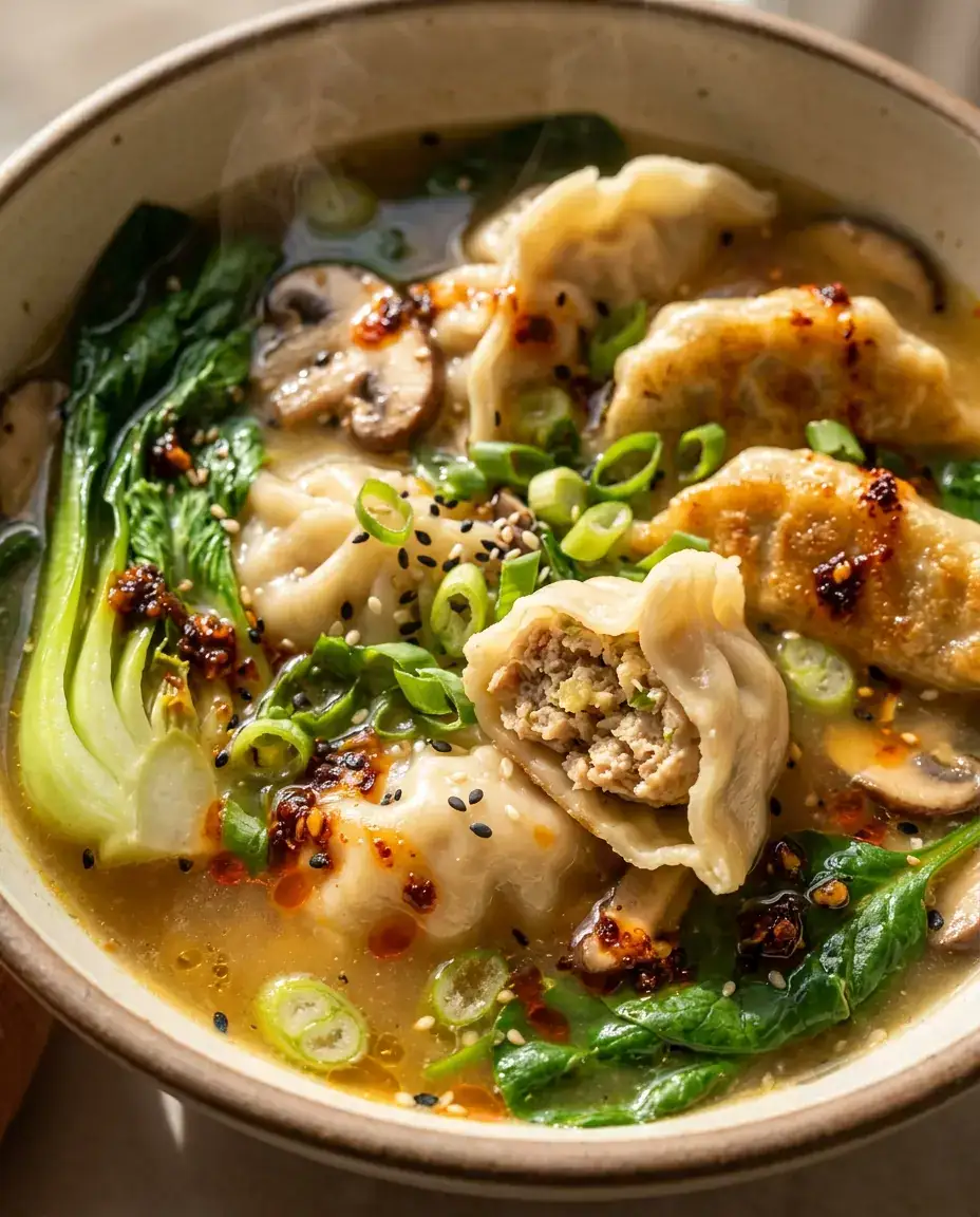 Close-up of potsticker soup with dumplings, bok choy, carrots, and sesame-ginger broth, ready to serve.