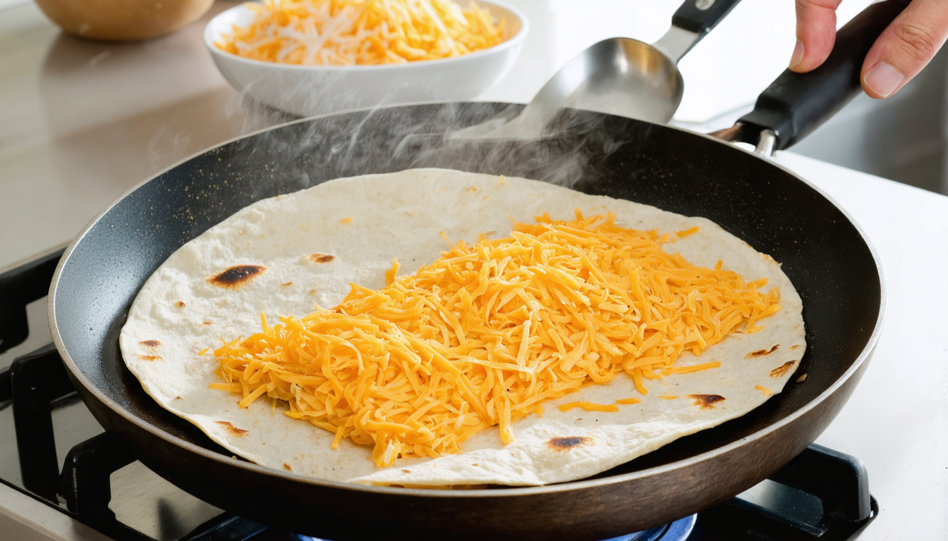 Easy Quesarito Recipe (Cheesy Taco Bell Copycat) Close-up of a quesarito recipe cooking step with melting cheese on a tortilla in a skillet.