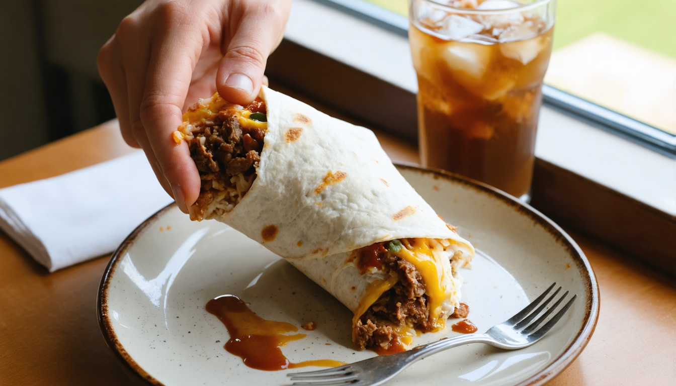 Easy Quesarito Recipe (Cheesy Taco Bell Copycat) Hand holding a warm quesarito recipe half with visible layers of beef, rice, and cheese.