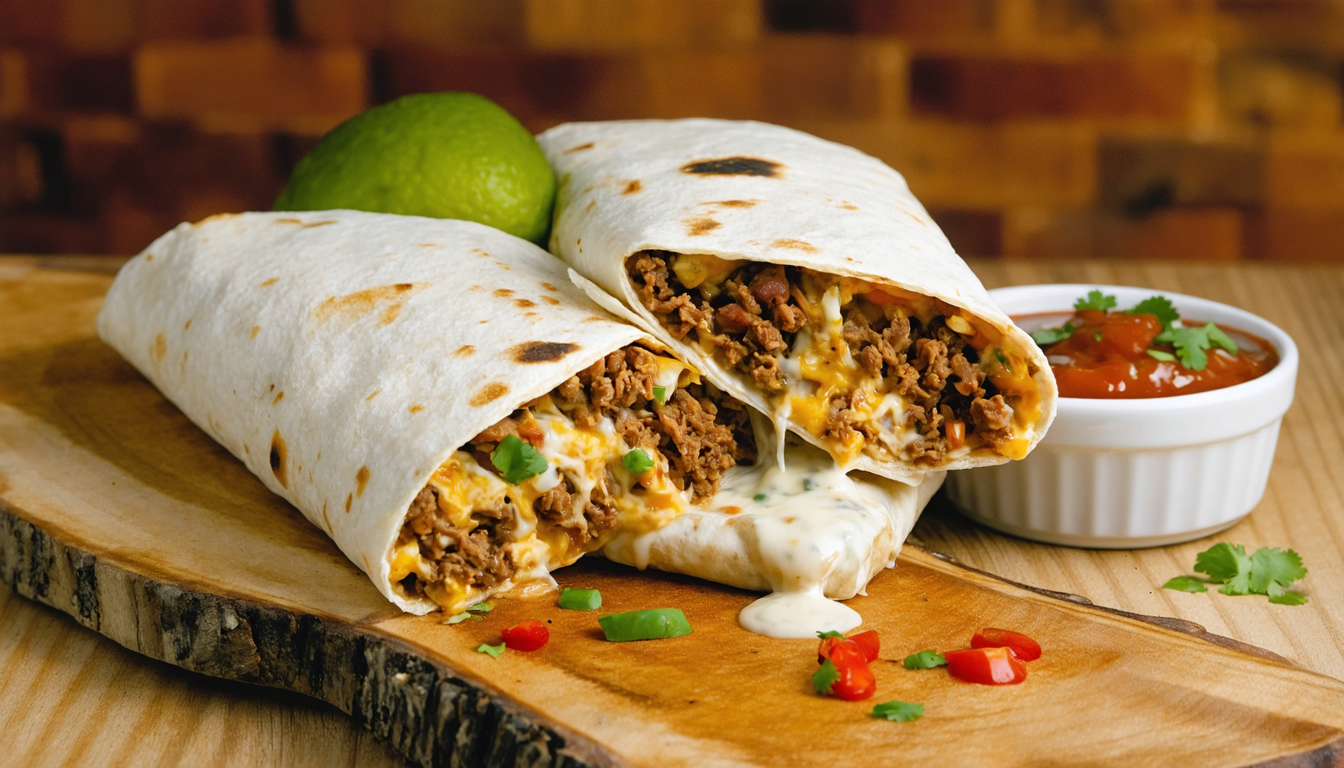 Easy Quesarito Recipe (Cheesy Taco Bell Copycat) Cross-section of a quesarito recipe with layers of beef, rice, beans, and cheese on a wooden board.