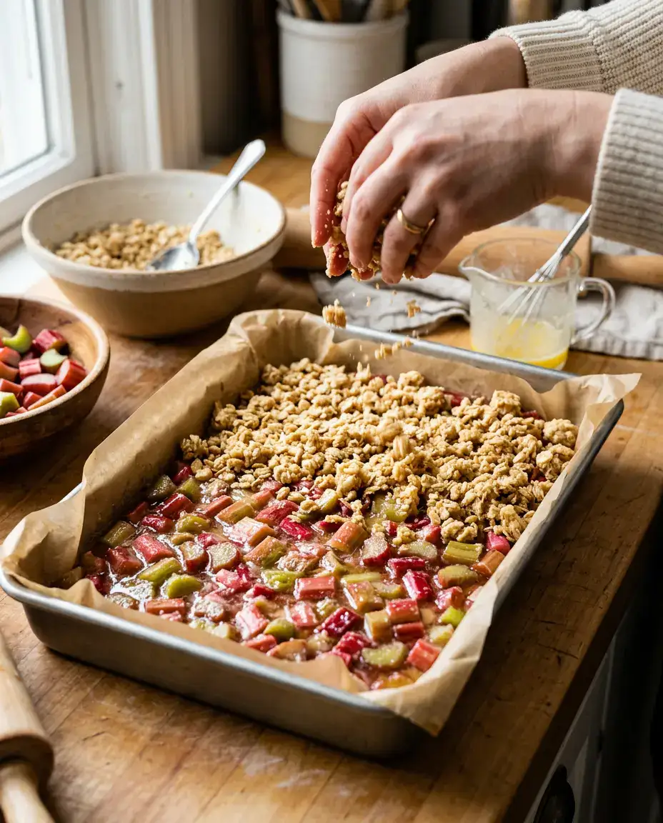 Rhubarb Bars With Buttery Oat Crumble Topping Hands sprinkling oat crumble over glossy rhubarb filling for homemade rhubarb bars