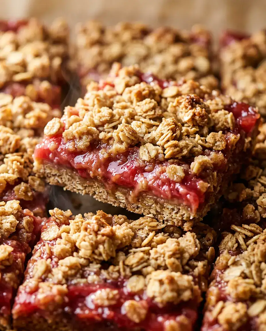 Rhubarb Bars With Buttery Oat Crumble Topping Warm rhubarb bars with crisp oat topping and gooey pink-red rhubarb filling exposed