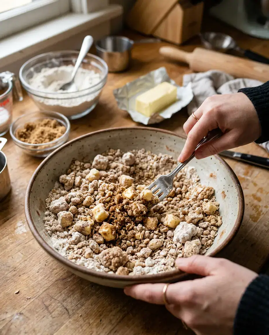 Fork mixing chunky cinnamon streusel topping for rhubarb coffee cake with visible butter pieces