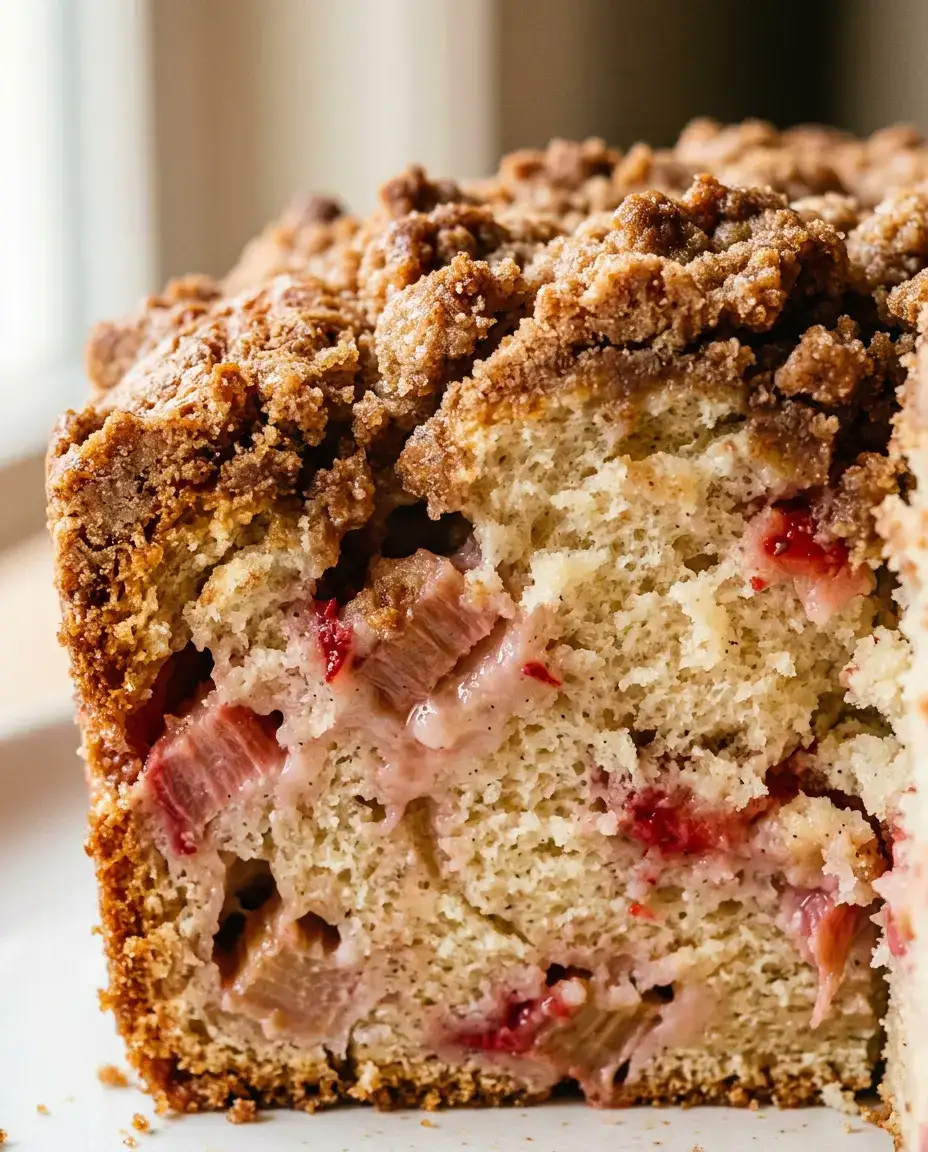 Close view of sliced rhubarb coffee cake with moist crumb and crunchy cinnamon streusel
