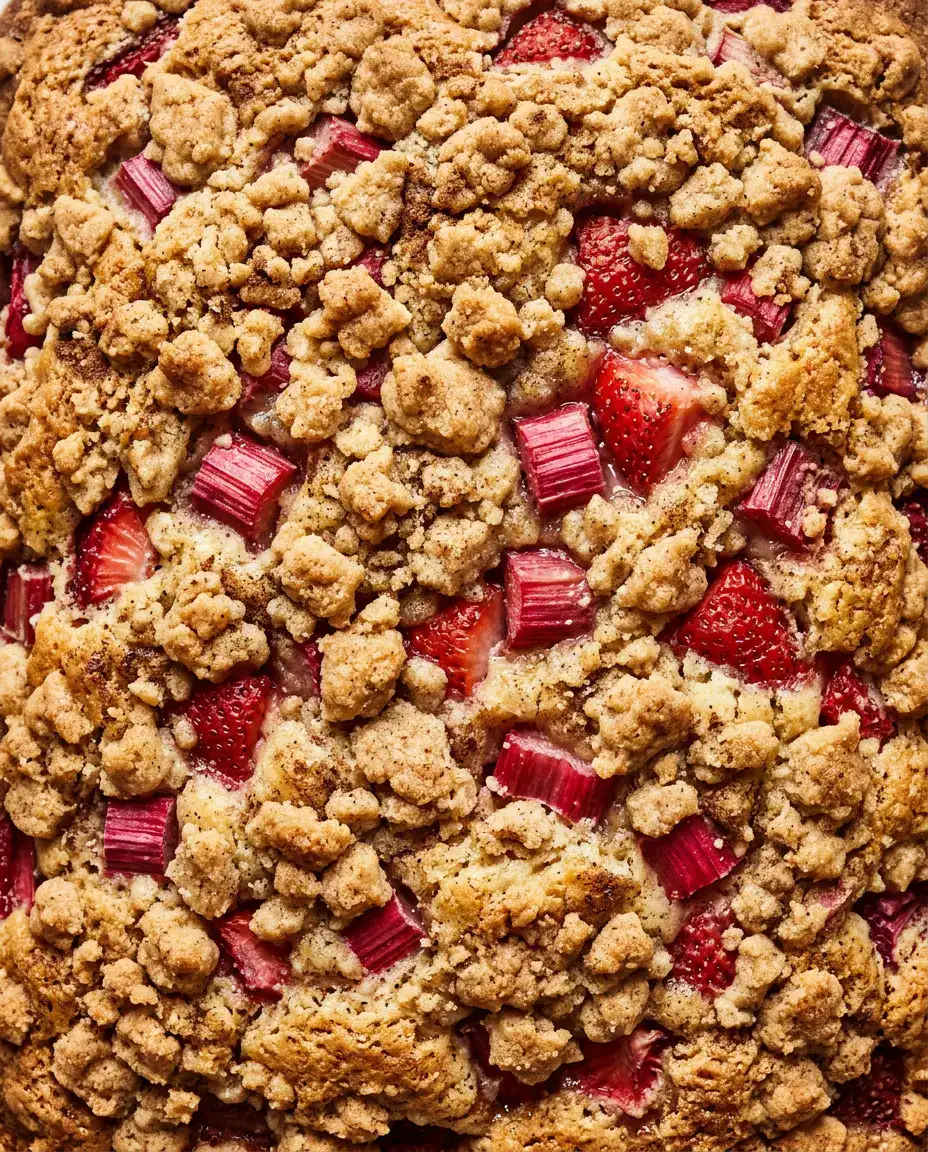 Overhead view of rhubarb coffee cake with golden cinnamon streusel and pink rhubarb pieces
