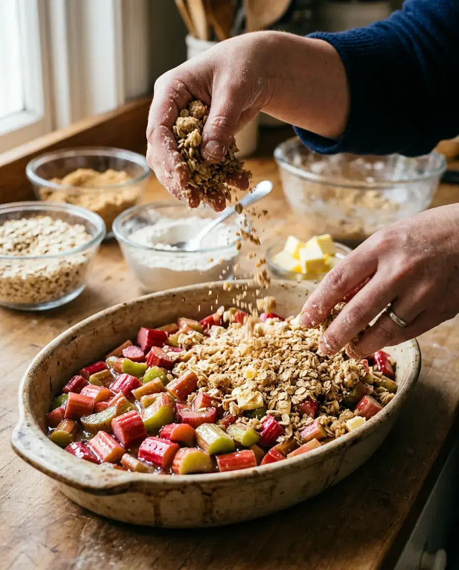 Rhubarb Crumble With Golden Oat Topping — 40 Min Hands adding oat crumble topping to chopped rhubarb for homemade rhubarb crumble