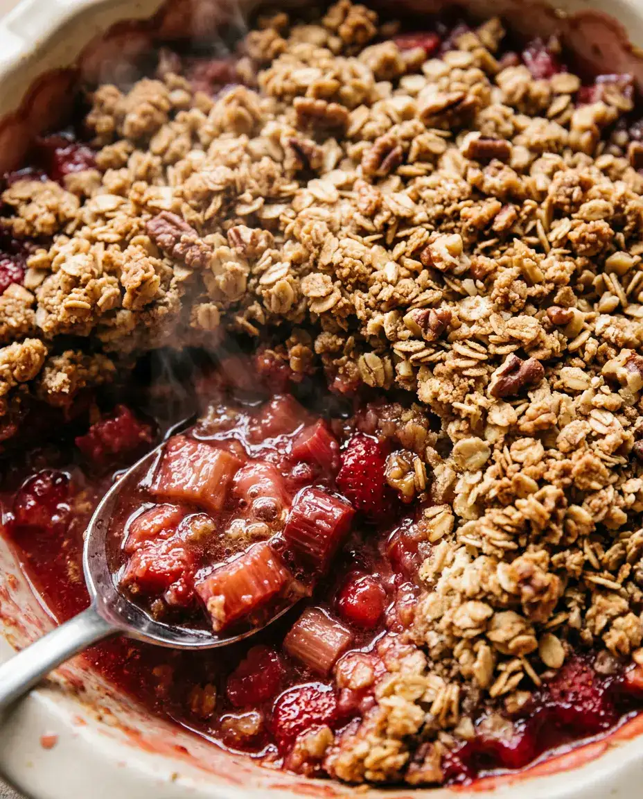 Rhubarb Crumble With Golden Oat Topping — 40 Min Close-up of rhubarb crumble with a spoonful removed, showing jammy filling and crisp oat topping