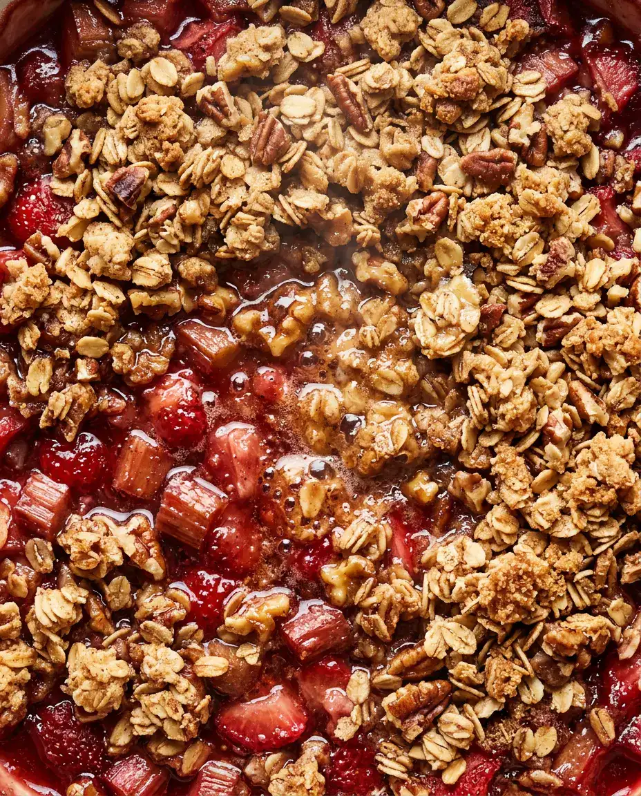 Rhubarb Crumble With Golden Oat Topping — 40 Min Extreme overhead close-up of warm rhubarb crumble with bubbling ruby filling and golden oat topping