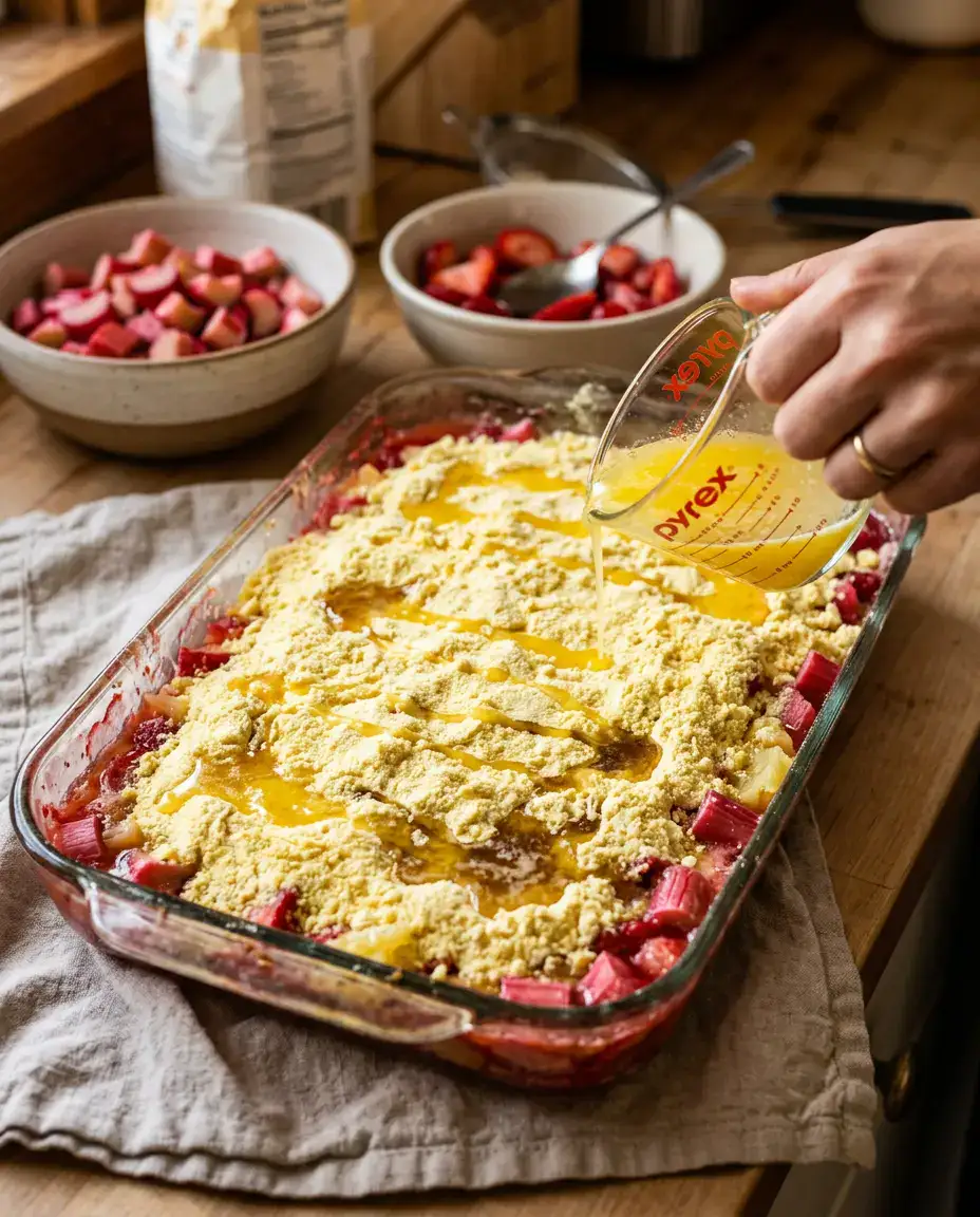 Butter poured over cake mix for rhubarb dump cake with rhubarb and strawberry filling