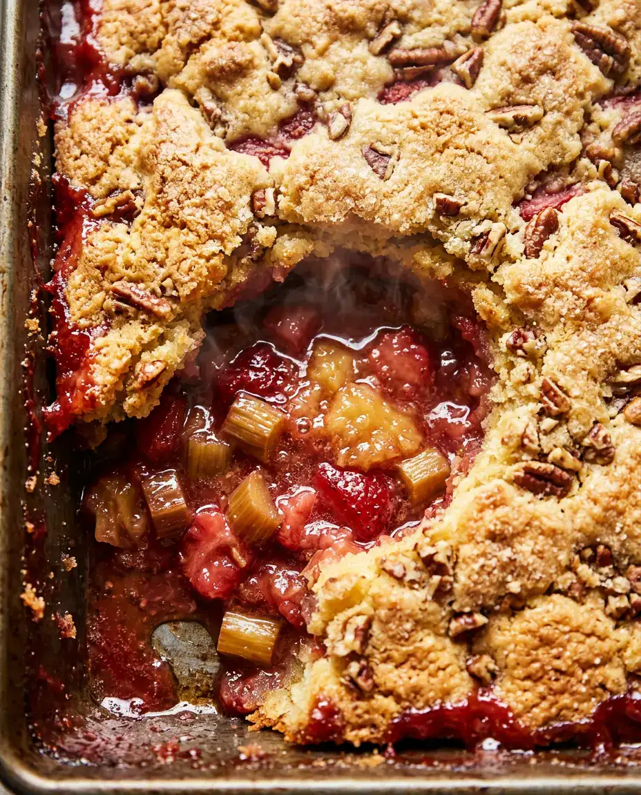 Serving spoon removed from warm rhubarb dump cake with bubbling fruit and crisp topping