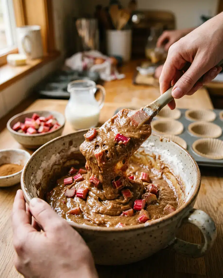 Folding chopped rhubarb into thick batter for rhubarb muffins in a mixing bowl with spatula