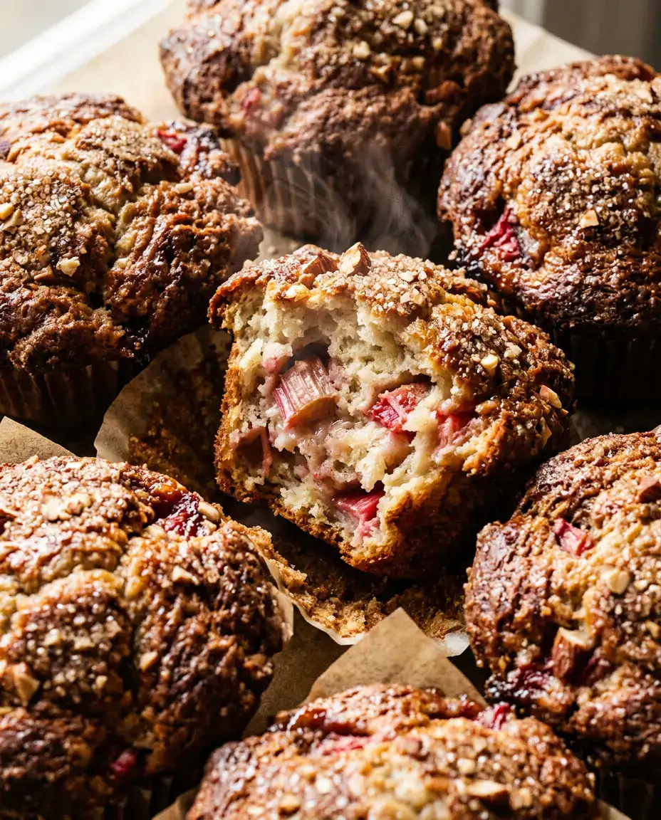 Rhubarb muffins close-up with one split open showing moist crumb and warm rhubarb filling