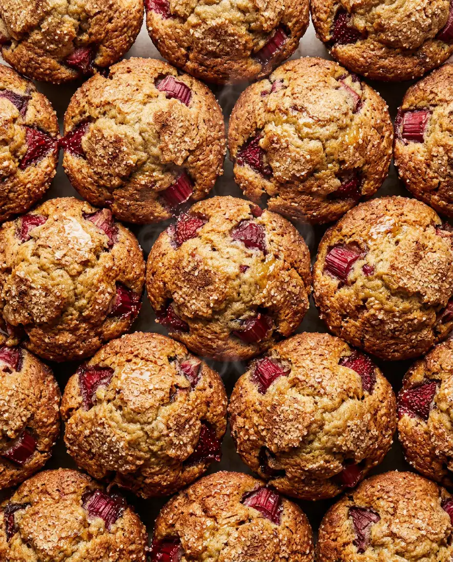 Fresh rhubarb muffins with golden cinnamon sugar tops and visible rhubarb pieces in a tight overhead view