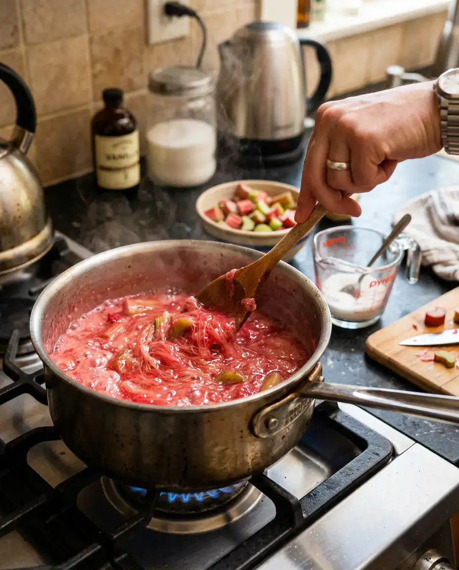 Rhubarb Sauce That Elevates Desserts and Breakfasts Rhubarb sauce simmering in a saucepan as softened rhubarb thickens into a glossy pink syrup.