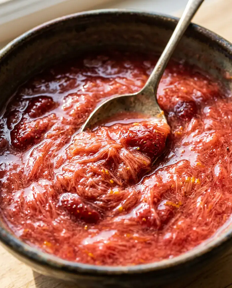 Rhubarb Sauce That Elevates Desserts and Breakfasts Close-up of warm rhubarb sauce with glossy texture and silky strands revealed by a spoon scoop.