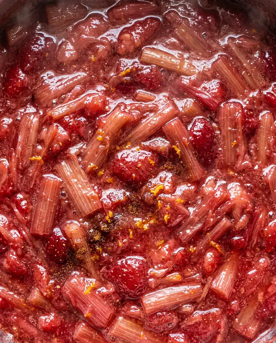 Rhubarb Sauce That Elevates Desserts and Breakfasts Extreme close-up of glossy rhubarb sauce with ruby-red color and thick jammy texture.