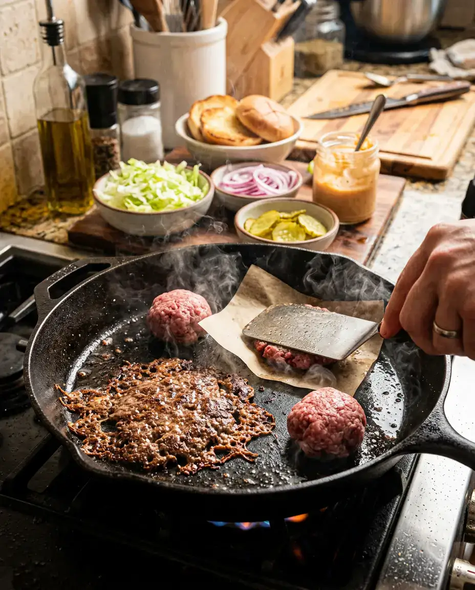 Smash burger recipe process with beef pressed on a hot skillet to create crispy-edged patties