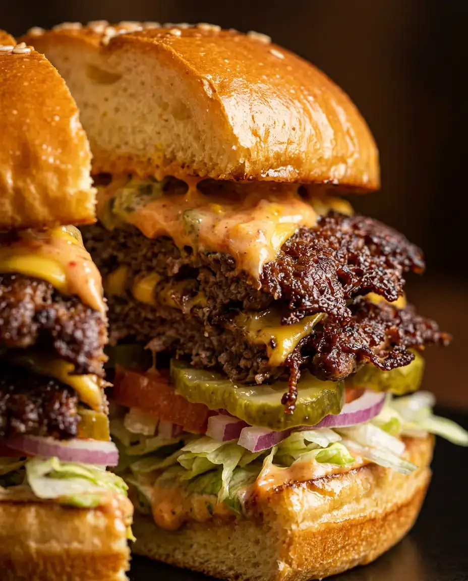 Smash burger recipe with sliced double cheeseburger showing melted cheese, sauce, and crispy patties