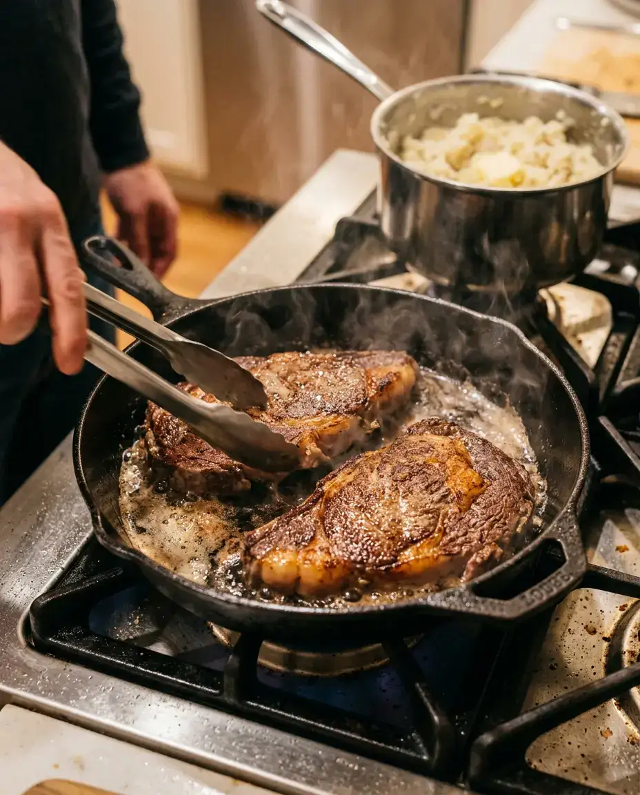 Steak and Mashed Potatoes for a Cozy Family Dinner Ribeye steaks searing in a skillet with butter and mashed potatoes cooking in the background