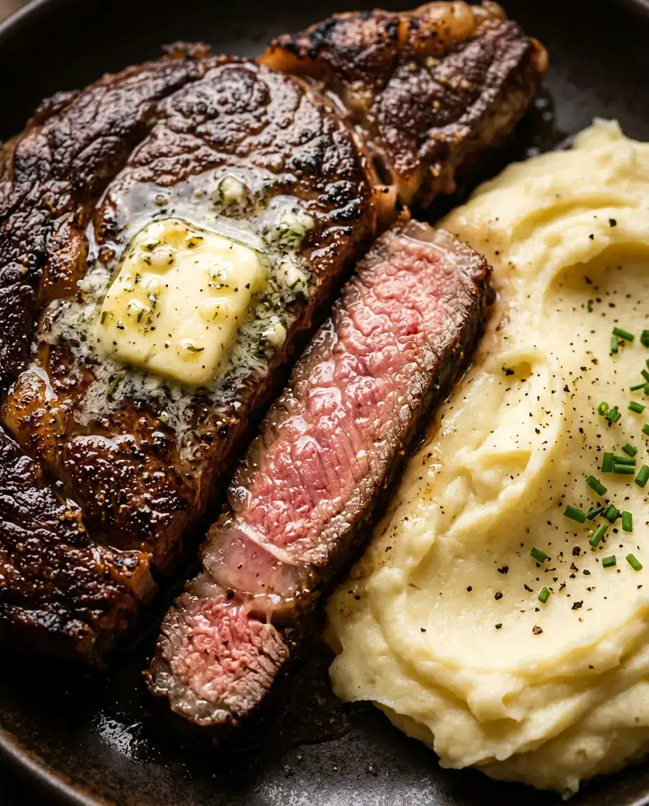 Steak and Mashed Potatoes for a Cozy Family Dinner Plated steak and mashed potatoes with sliced ribeye and creamy mashed potatoes ready to eat