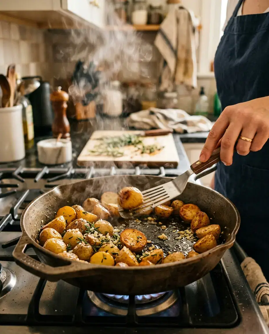 Juicy Steak and Potatoes Skillet Dinner in 30 Min Hand flipping golden baby potatoes in skillet with steak and herbs cooking