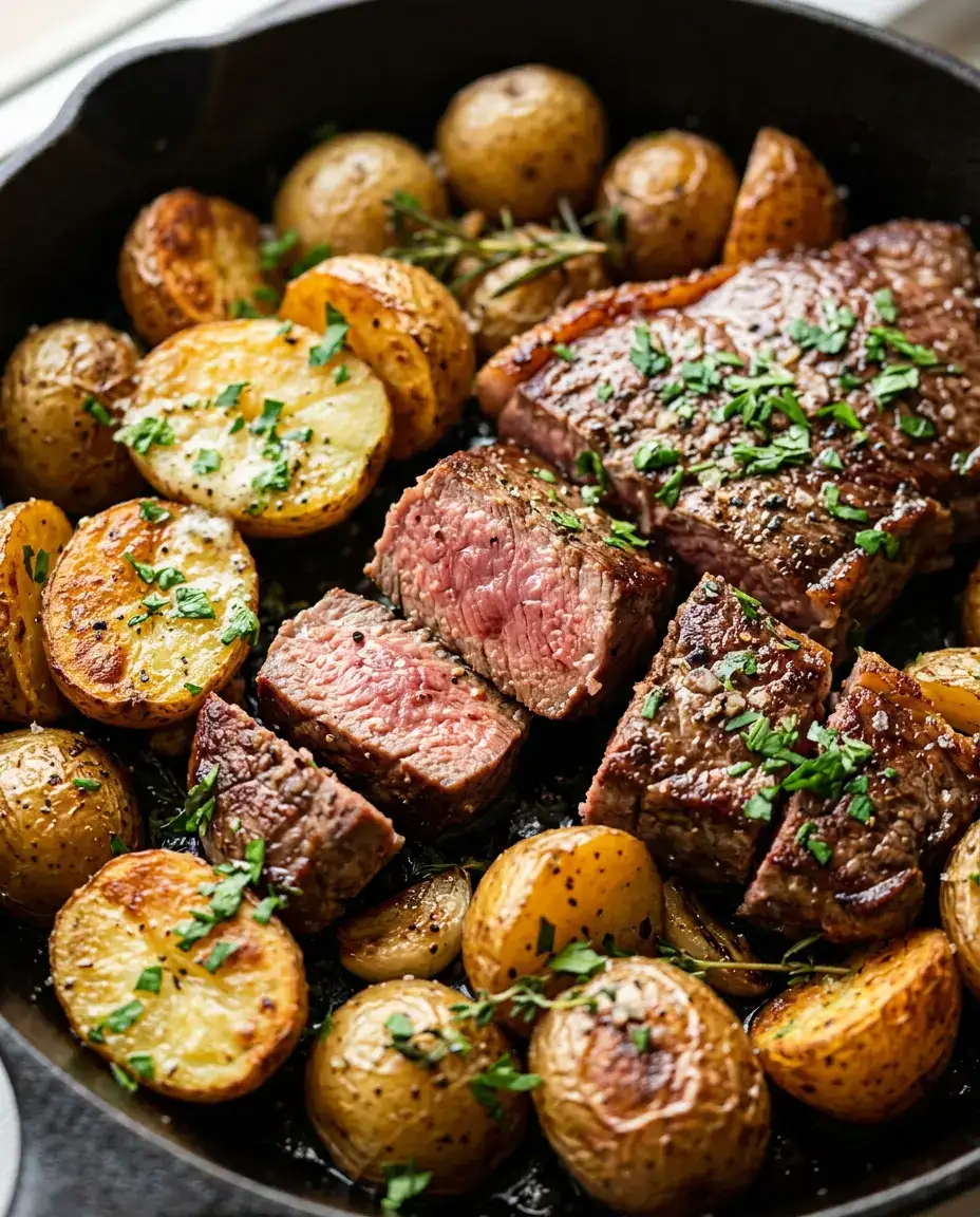 Juicy Steak and Potatoes Skillet Dinner in 30 Min Skillet of steak and golden potatoes with garlic butter and parsley ready to serve