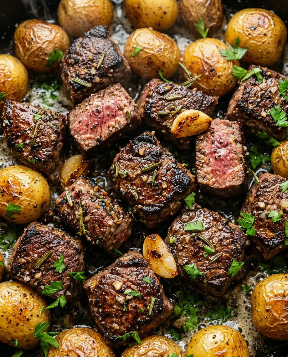 Juicy Steak and Potatoes Skillet Dinner in 30 Min Extreme close-up of seared steak and golden potatoes in skillet with garlic butter and herbs