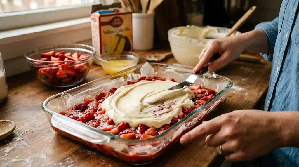 Spreading vanilla cheesecake mixture over strawberries for strawberry cheesecake dump cake
