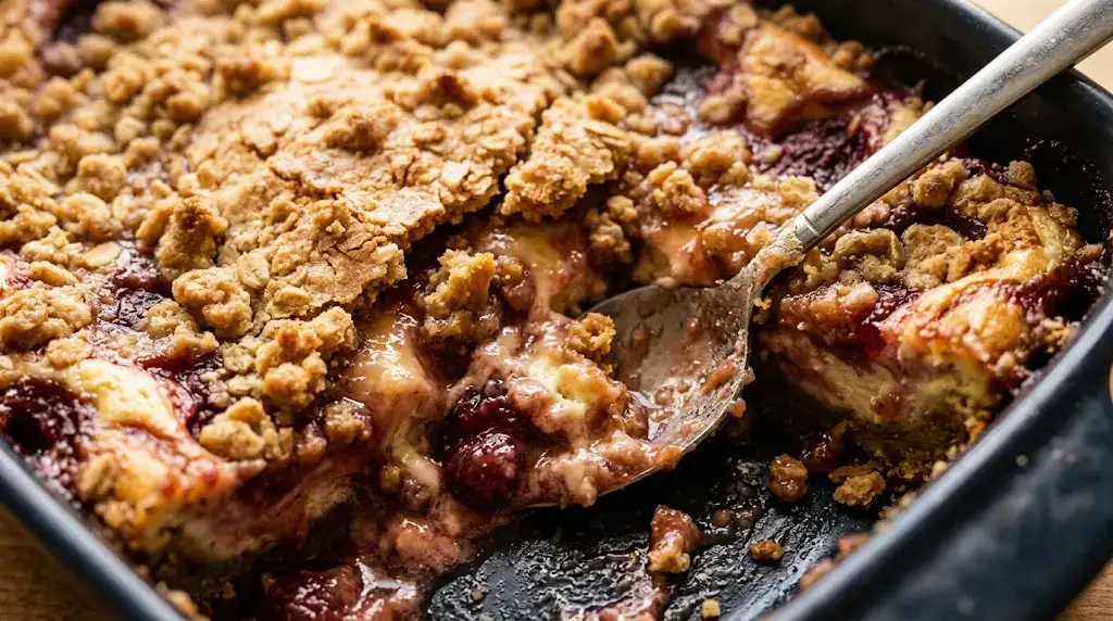 Close-up of strawberry cheesecake dump cake with cracked topping and visible strawberry filling