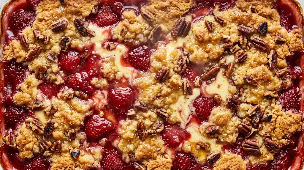 Overhead close-up of strawberry cheesecake dump cake with strawberries and creamy topping