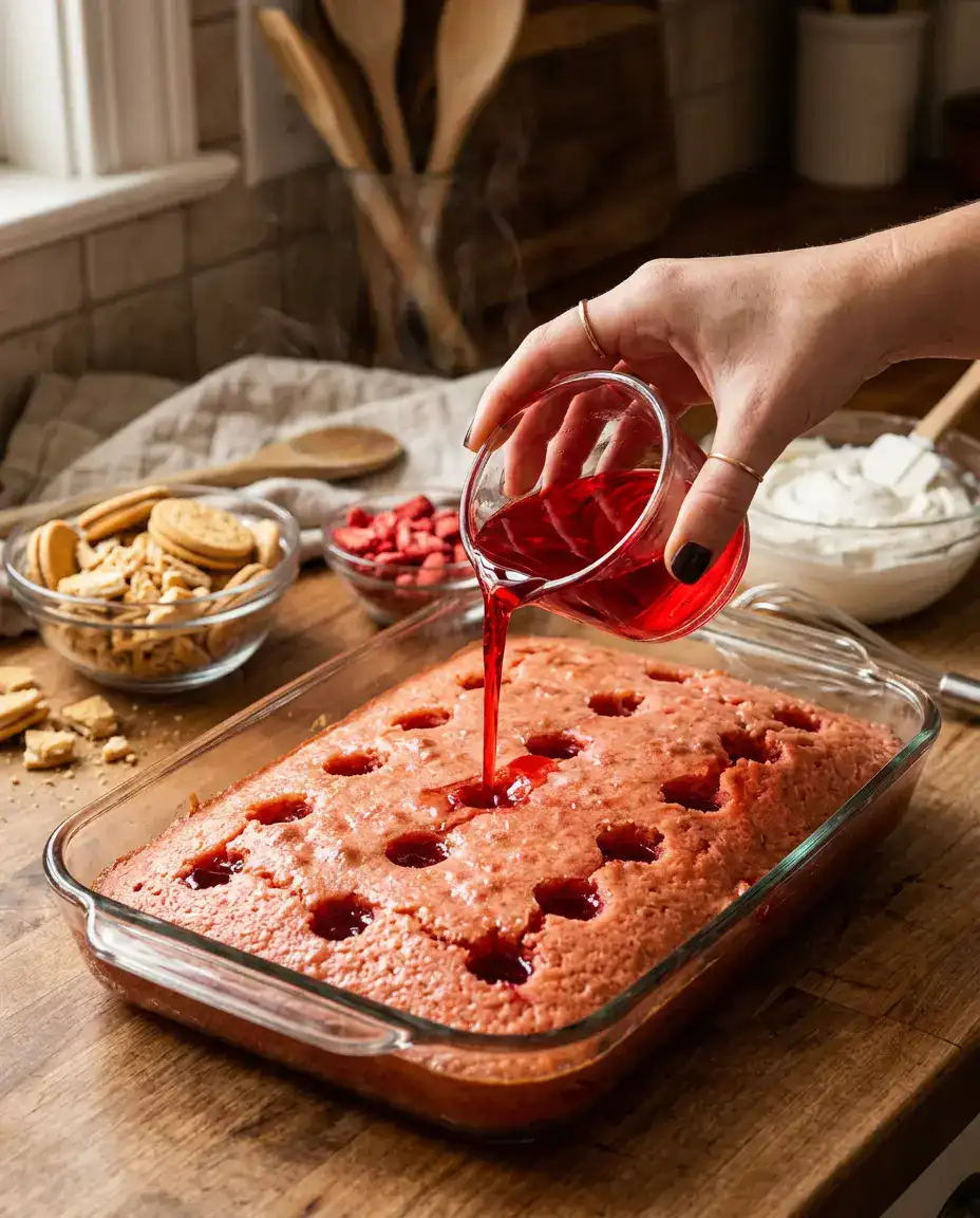 Delicious Strawberry Crunch Cake With Whipped Cream Strawberry gelatin being poured over a freshly baked strawberry crunch cake in baking dish
