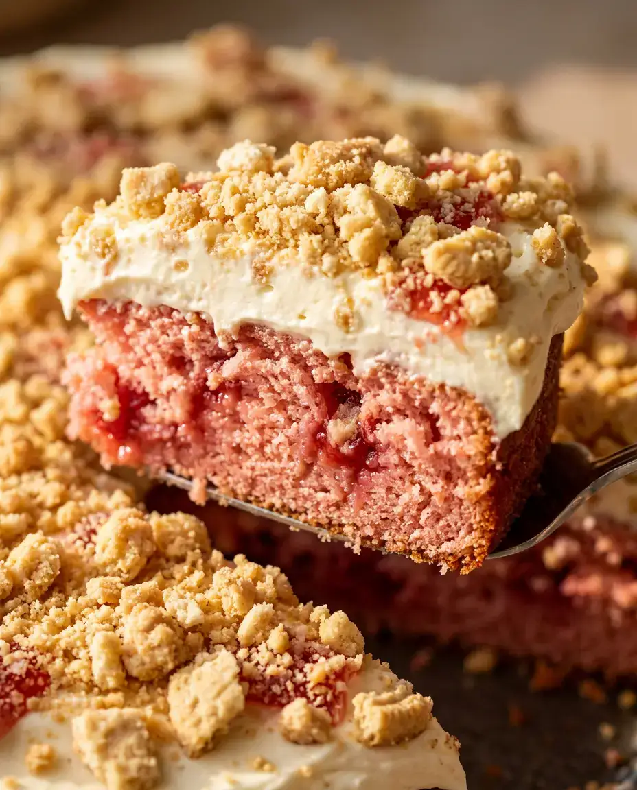 Delicious Strawberry Crunch Cake With Whipped Cream Slice of strawberry crunch cake lifted to show moist cake, creamy topping, and crunchy crumble