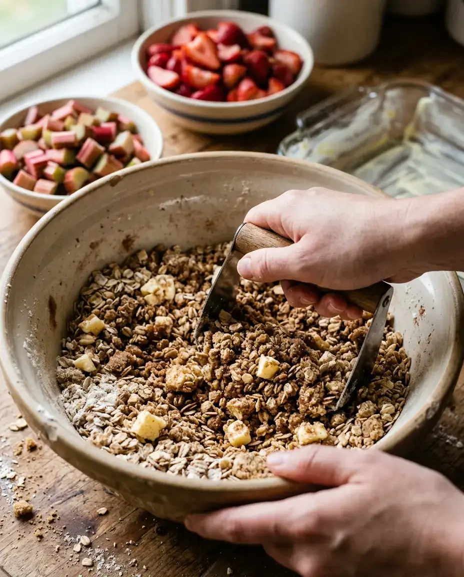 Hands cutting butter into oat topping for strawberry rhubarb crisp in a mixing bowl
