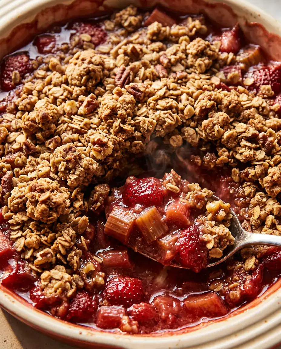 Scooped strawberry rhubarb crisp with steaming fruit filling and golden oat crumble