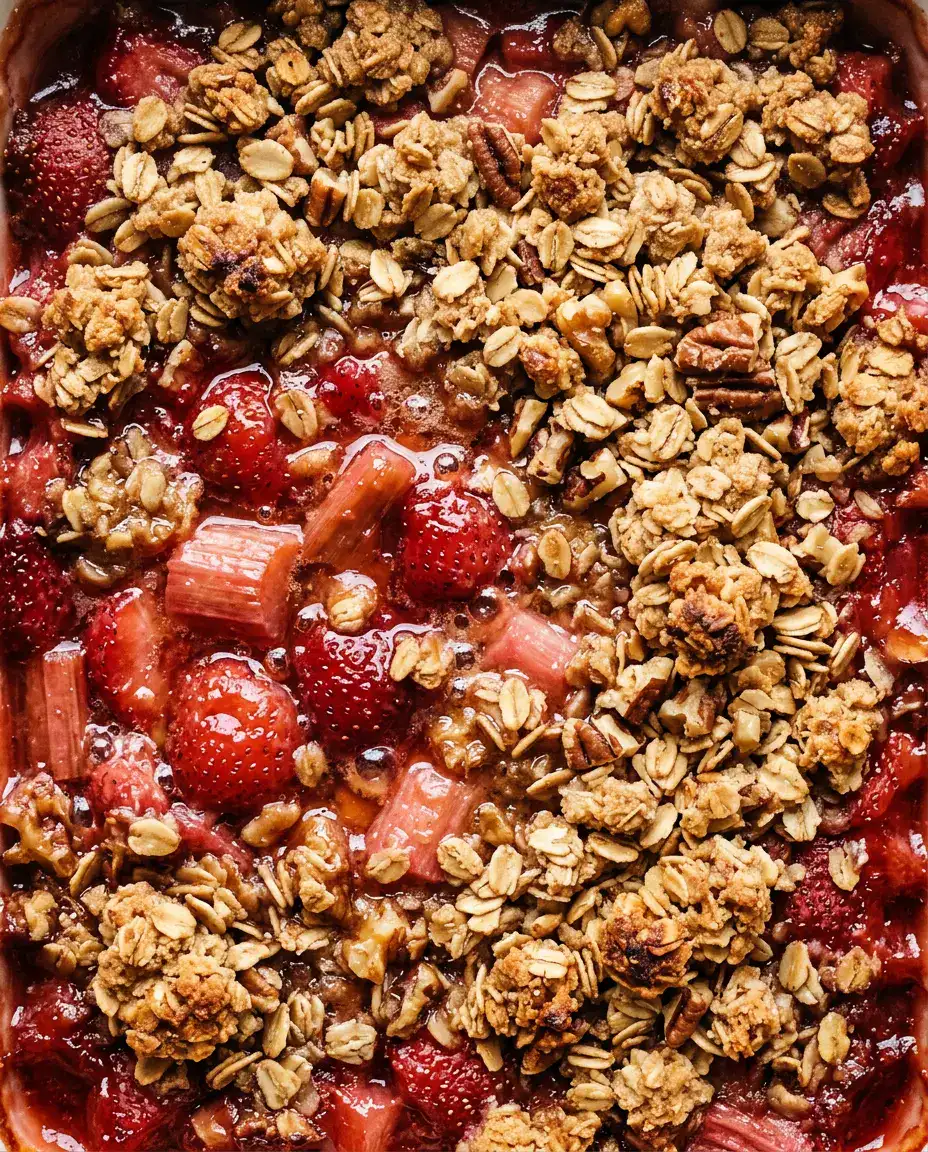 Extreme close-up of strawberry rhubarb crisp with bubbling fruit and golden oat crumble
