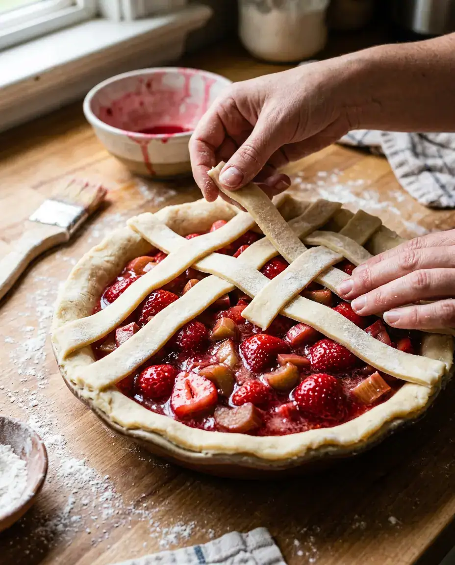 Strawberry Rhubarb Pie With a Flaky Lattice Crust Hands weaving lattice over strawberry rhubarb pie filling in a chilled crust with glossy fruit juices.