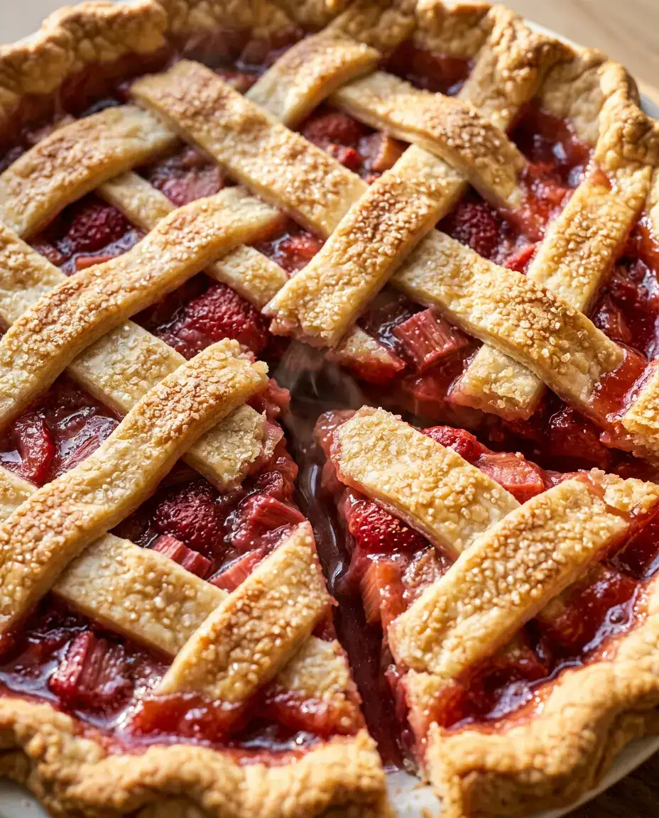 Strawberry Rhubarb Pie With a Flaky Lattice Crust Close-up of strawberry rhubarb pie with a separated slice, flaky lattice crust, and steaming fruit filling.