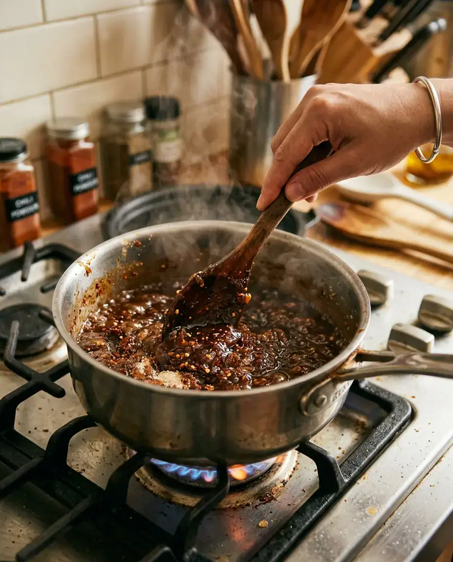 Saucepan with tamarindo candy mixture being stirred, showing glossy tamarind pulp and chili