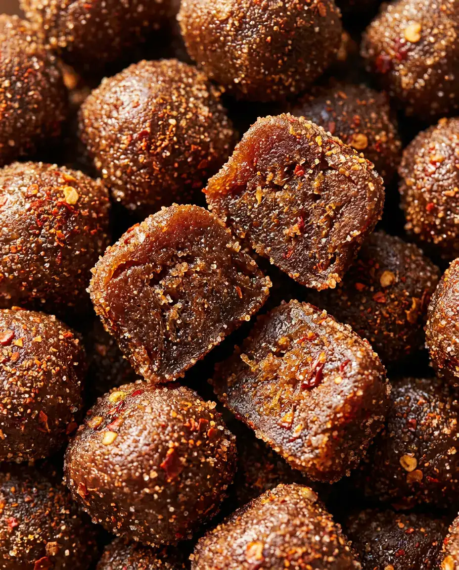Tamarindo candy close-up showing chewy interior and glossy sugar-lime-chili coating