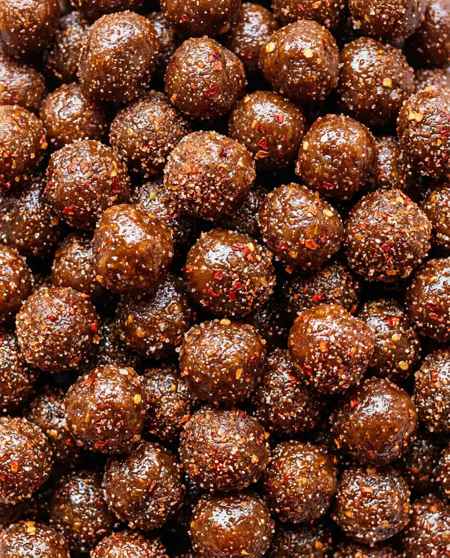 Overhead close-up of glossy, chewy tamarindo candy coated with chili-lime sugar