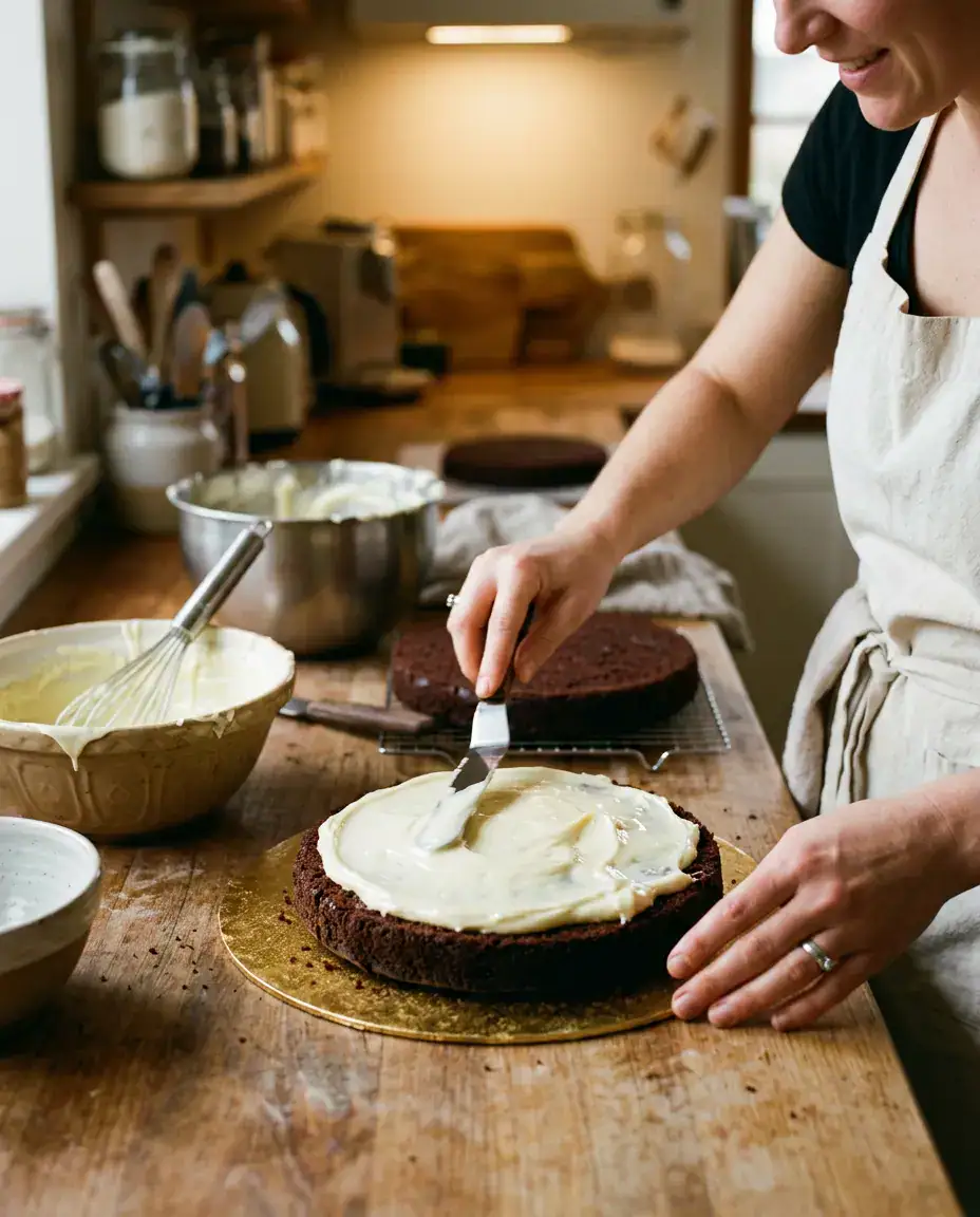 Baker spreading white chocolate filling on a chocolate cake layer for tuxedo cake