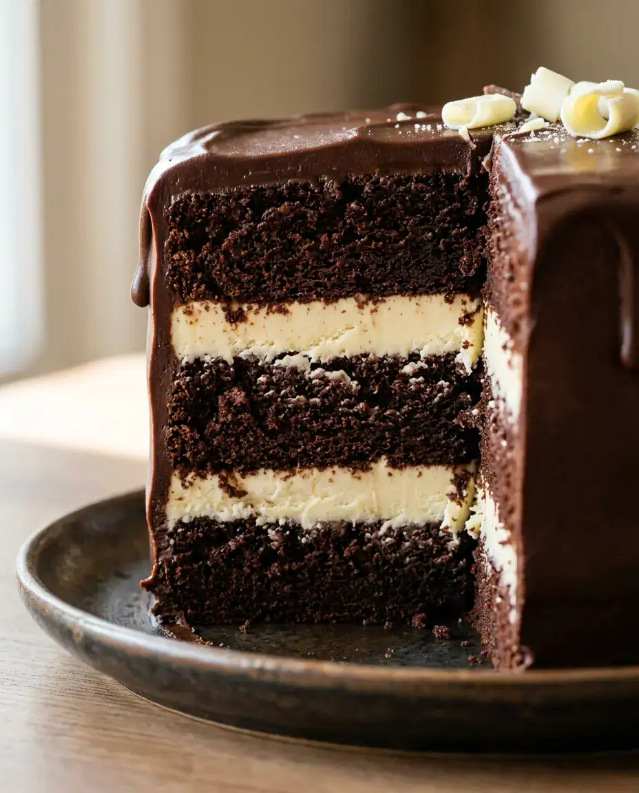 Tuxedo cake slice displaying dark chocolate cake and white chocolate filling layers