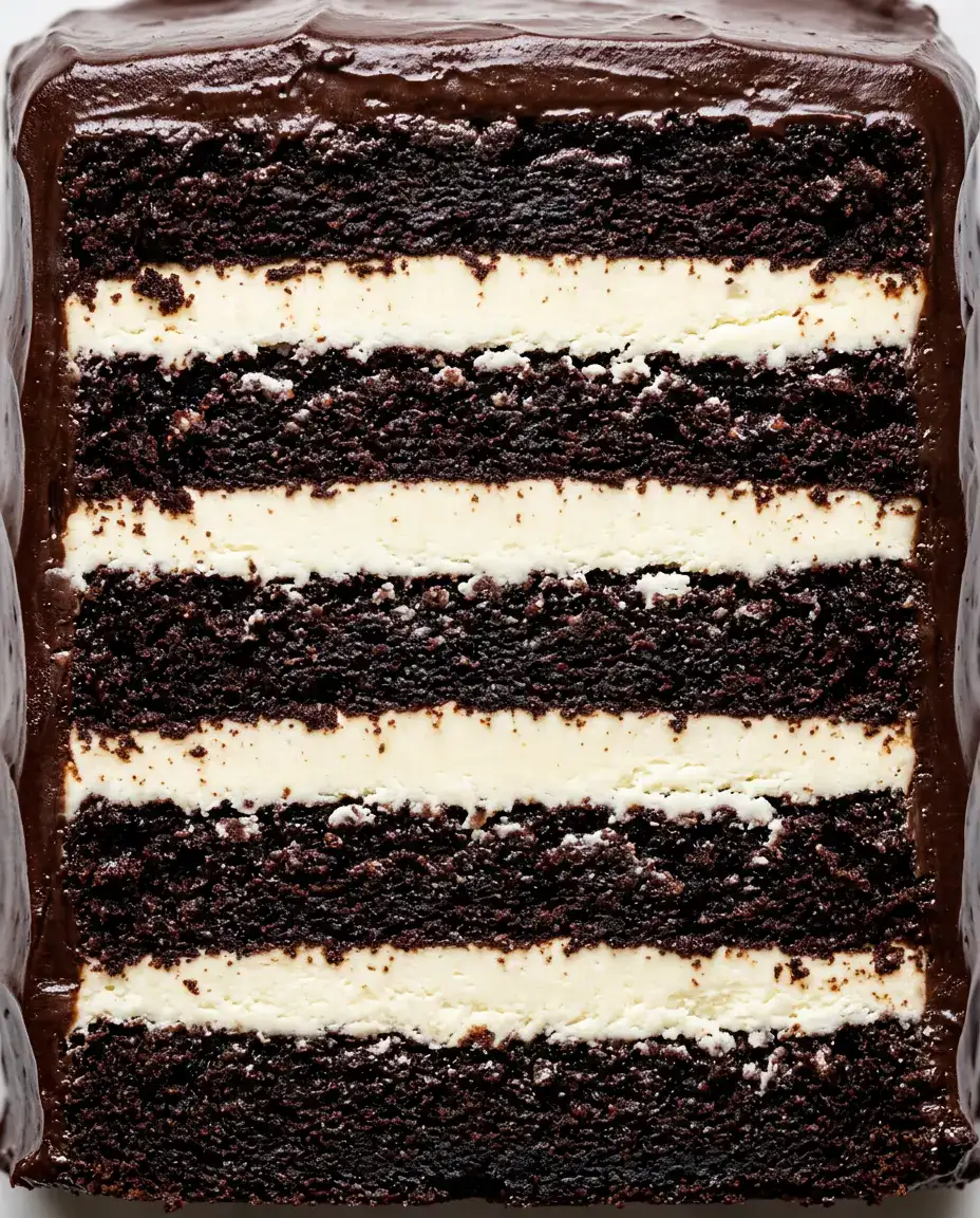Close-up of a layered tuxedo cake with dark chocolate cake and white chocolate filling