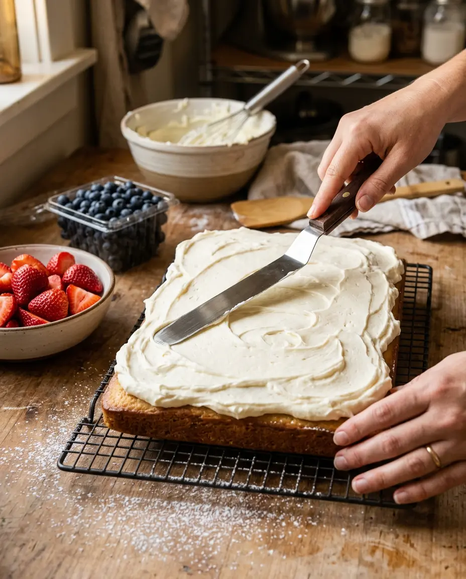 Hands smoothing white buttercream frosting on a sheet cake with strawberries and blueberries nearby for an American flag cake