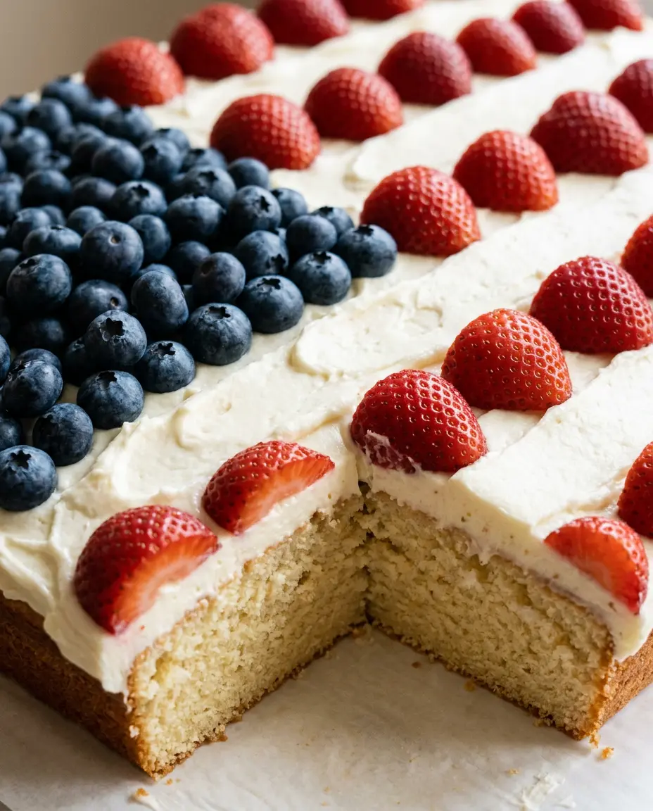 Close-up of a sliced American flag cake showing golden vanilla layers under buttercream, strawberries, and blueberries