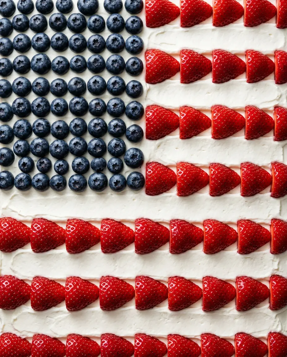 American Flag Cake With Fresh Berries (Easy) Overhead view of an American flag cake with red strawberry stripes, white frosting, and a blueberry star field