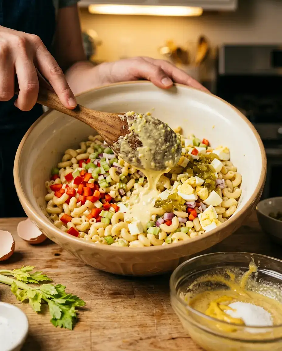 Amish Macaroni Salad: Creamy, Sweet & Picnic-Ready Hands folding creamy dressing into a bowl of Amish macaroni salad with eggs, peppers, and celery